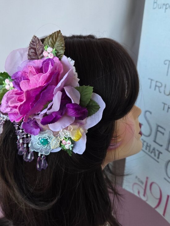 Handmade Velvet Rose Hair Clip Beaded Fringe Flapper Style Dollette Fairycore main image 5